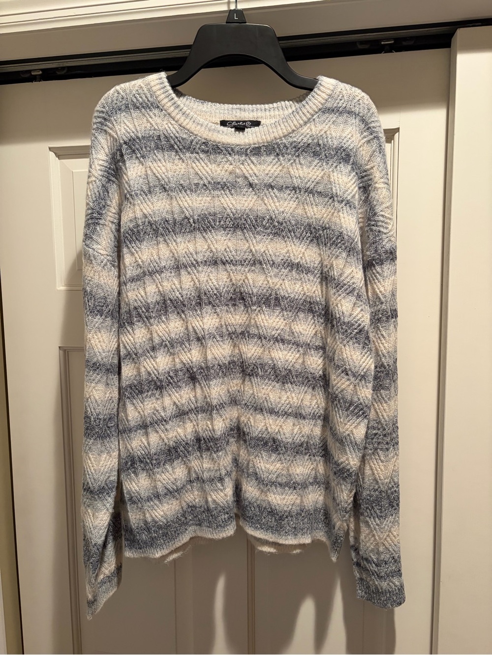 CHARLIE B Blue and Cream Striped Crewneck Sweater